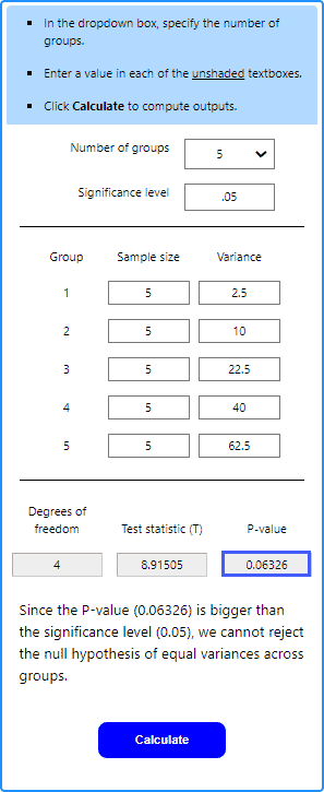 Screenshot of Bartlett's Test Calculator